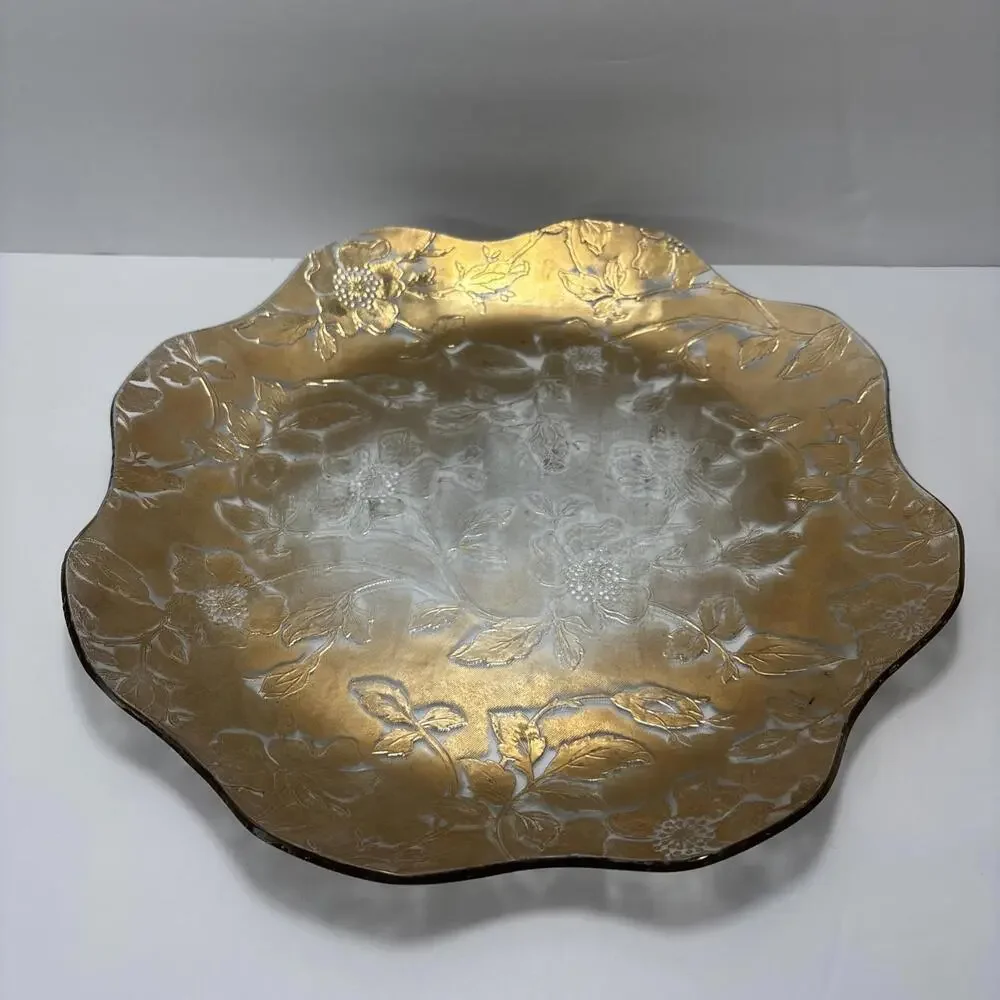 Vintage Etched Glass Plate 11” Gold Floral Scalloped Edge Mid-Century